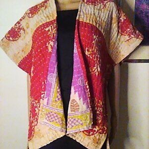 Kantha "Free Spirit" Kimono/Cover Up L & Under Red Reversible To Lilac Handmade